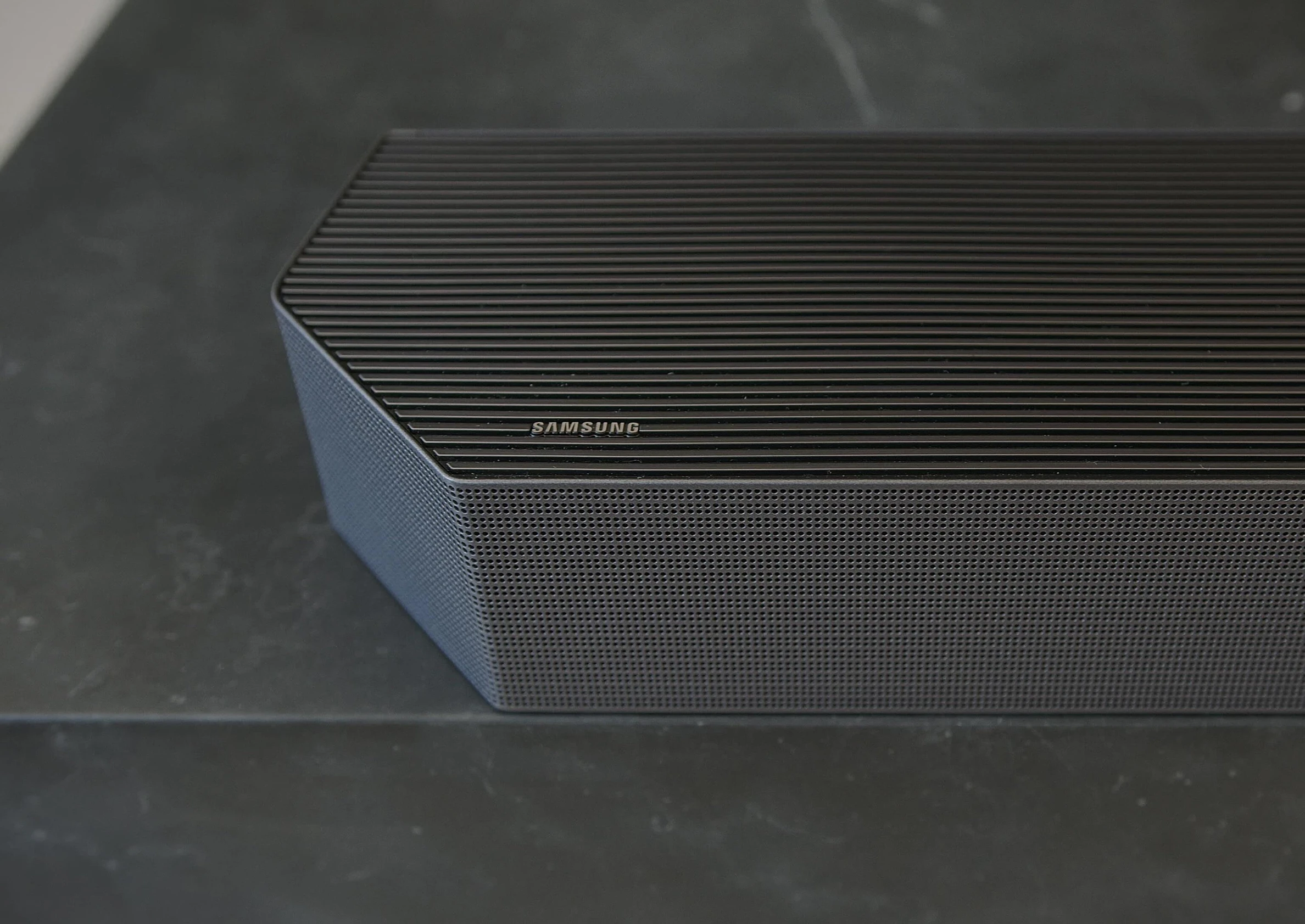 Close-up of the Samsung HW-Q990F soundbar and subwoofer