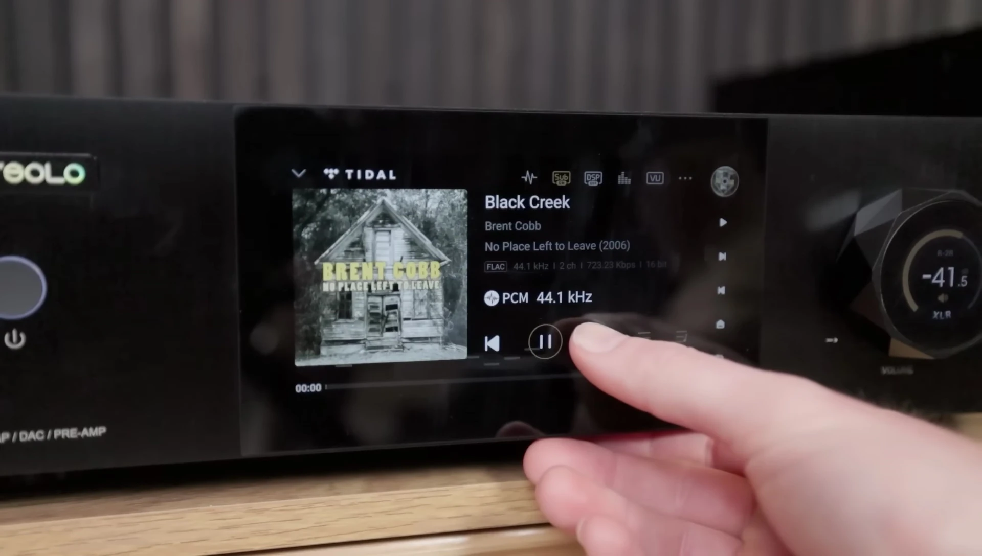 Shot of the DMP-A10's main touchscreen showing audio information