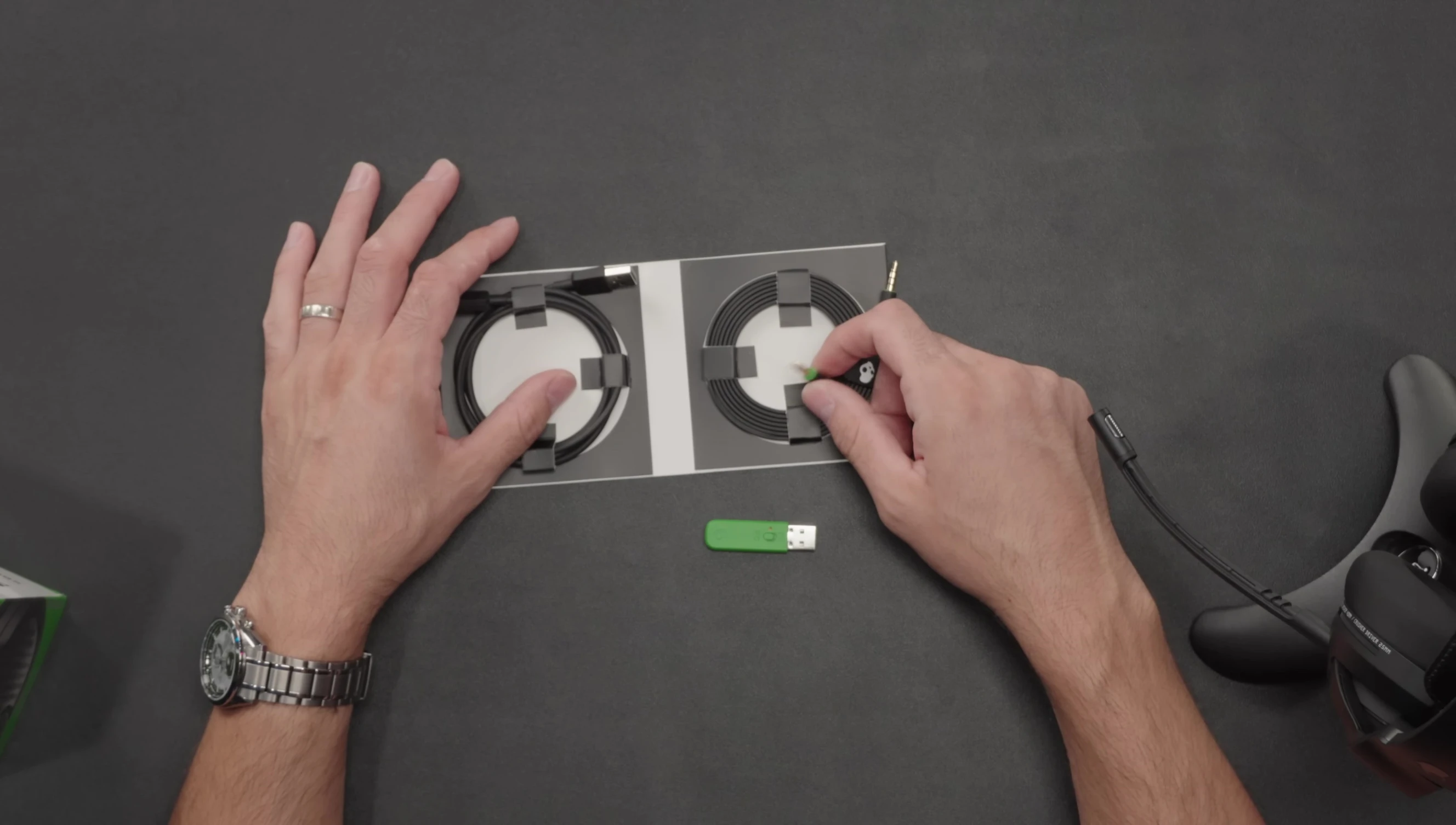 USB-A to USB-C cable, TRRS cable, and dongle included