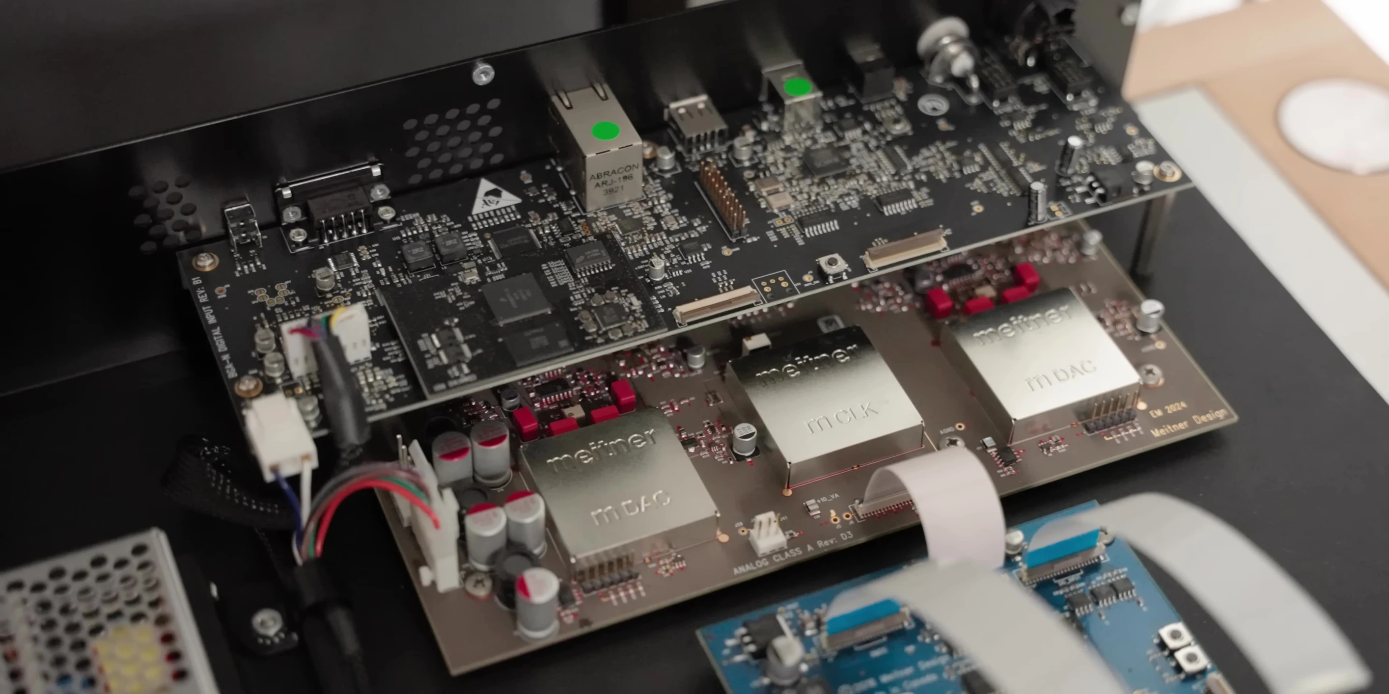 Close-up of the EMM Labs MA3i's circuit board, highlighting the in-house components.