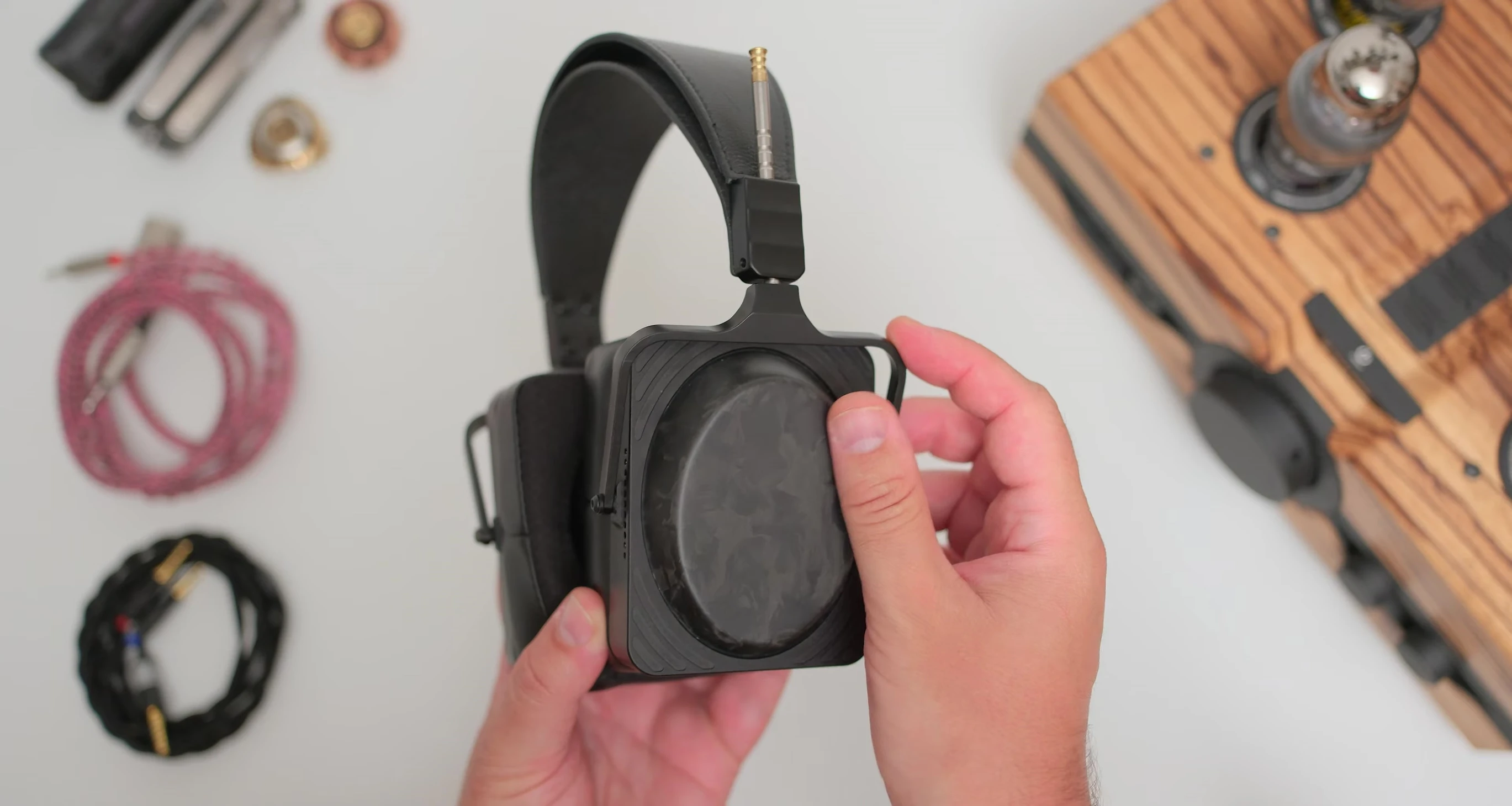 Detailed shot emphasizing the materials used in the headphones' construction.